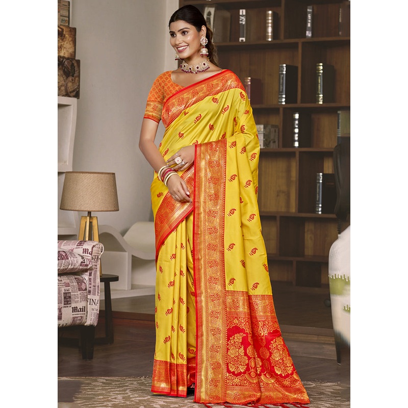 Yellow Dupion Silk Saree With Blouse Piece - JD986603819