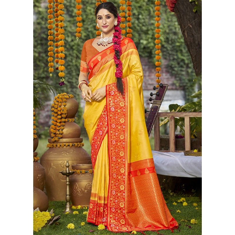 Yellow Dupion Silk Saree With Blouse Piece - JD986603820
