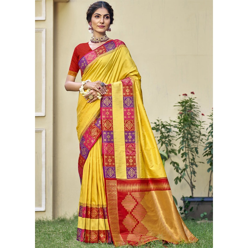 Yellow Dupion Silk Saree With Blouse Piece - JD986603821