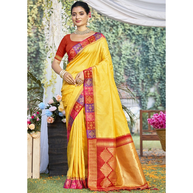 Yellow Dupion Silk Saree With Blouse Piece - JD986603822