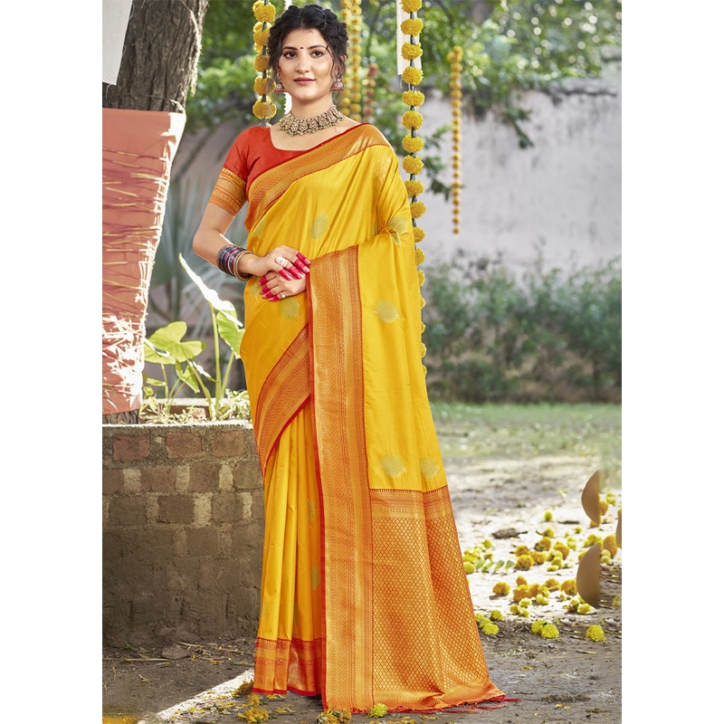 Yellow Dupion Silk Saree With Blouse Piece - JD986603824