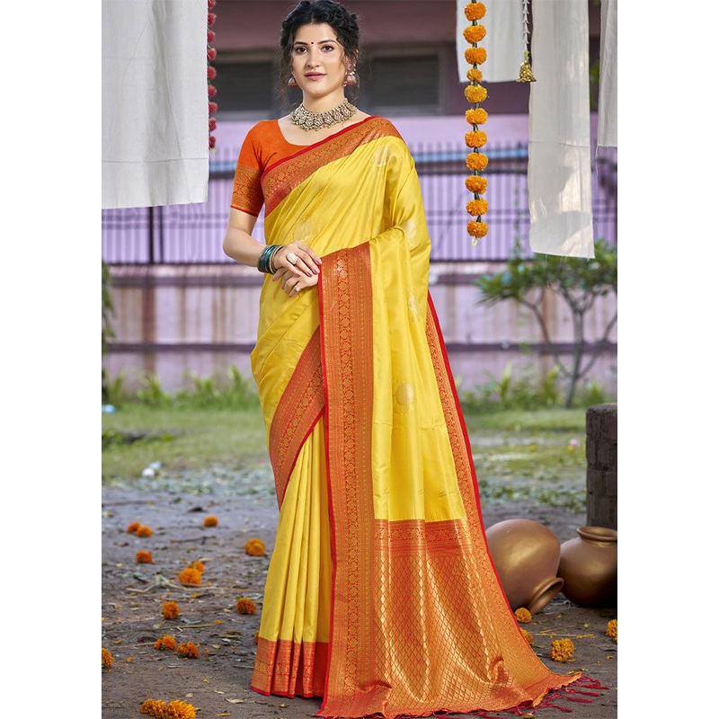 Yellow Dupion Silk Saree With Blouse Piece - JD986603825