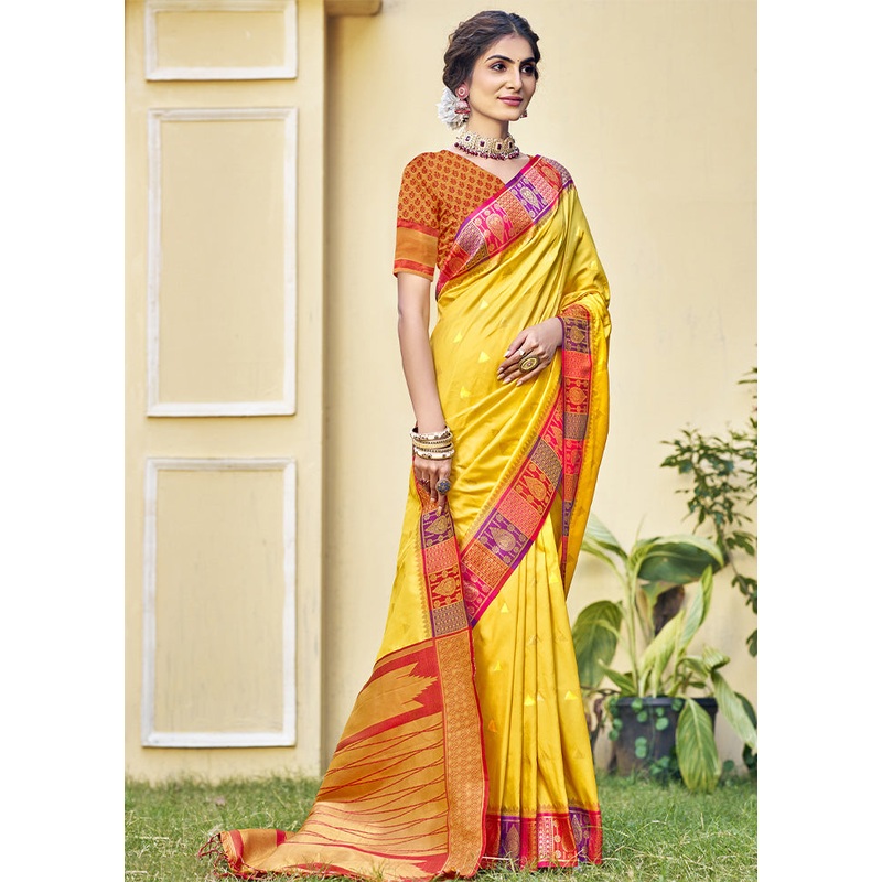 Yellow Dupion Silk Saree With Blouse Piece - JD986603826