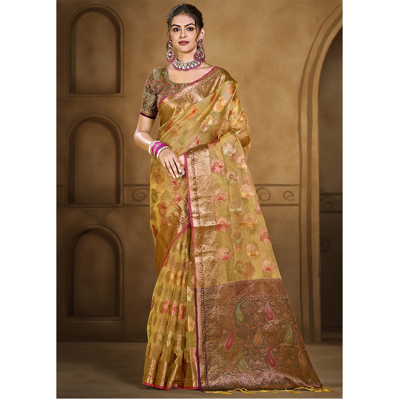 Yellow Organza Saree With Blouse Piece - JD986603817