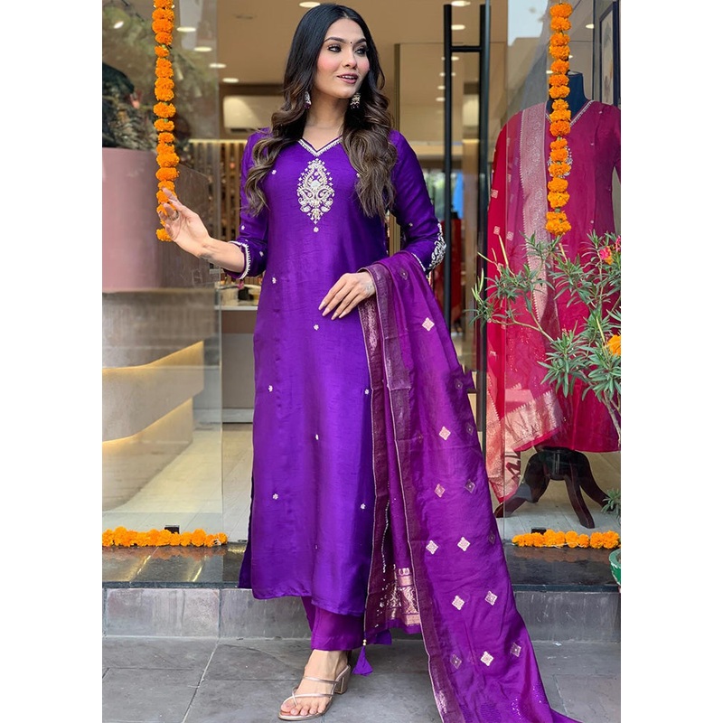 3 Pc Violet Pure Readymade Chanderi Suit Set - JD986603662