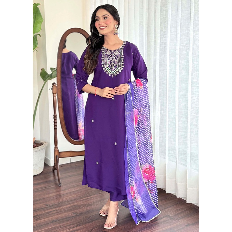 3 Pc Violet Readymade Viscose Suit Set - JD986603660