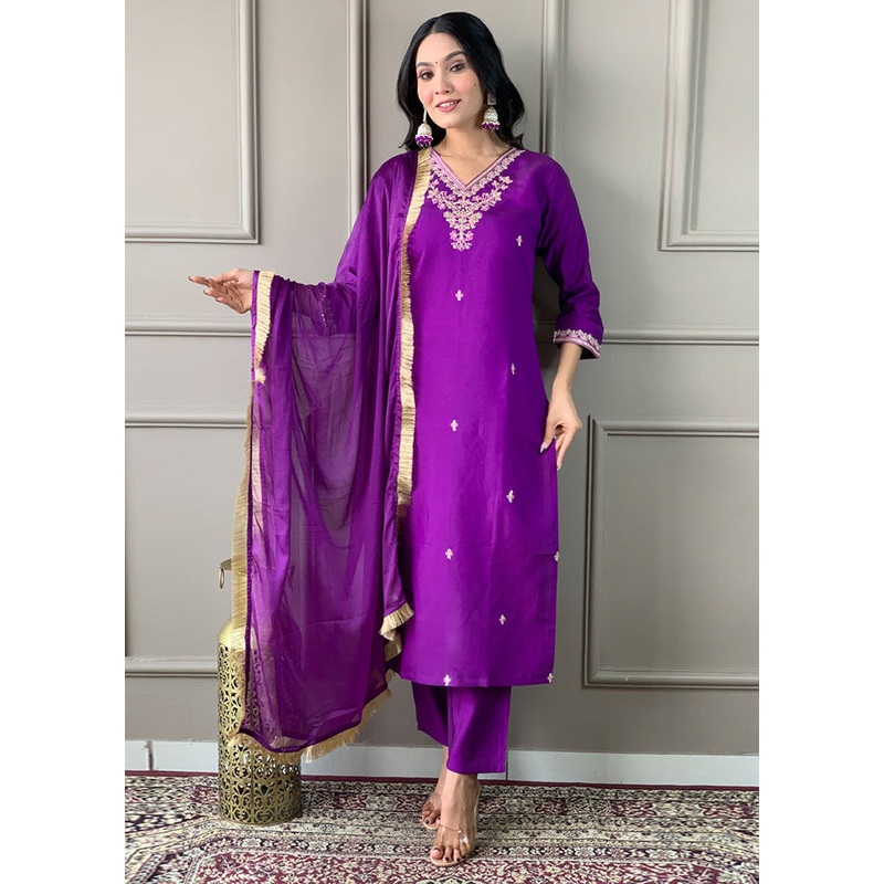 3 Pc Violet Readymade Viscose Suit Set - JD986603661