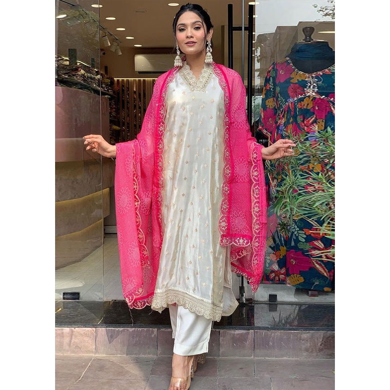 3 Pc White Pure Readymade Viscose Suit Set - JD986603659