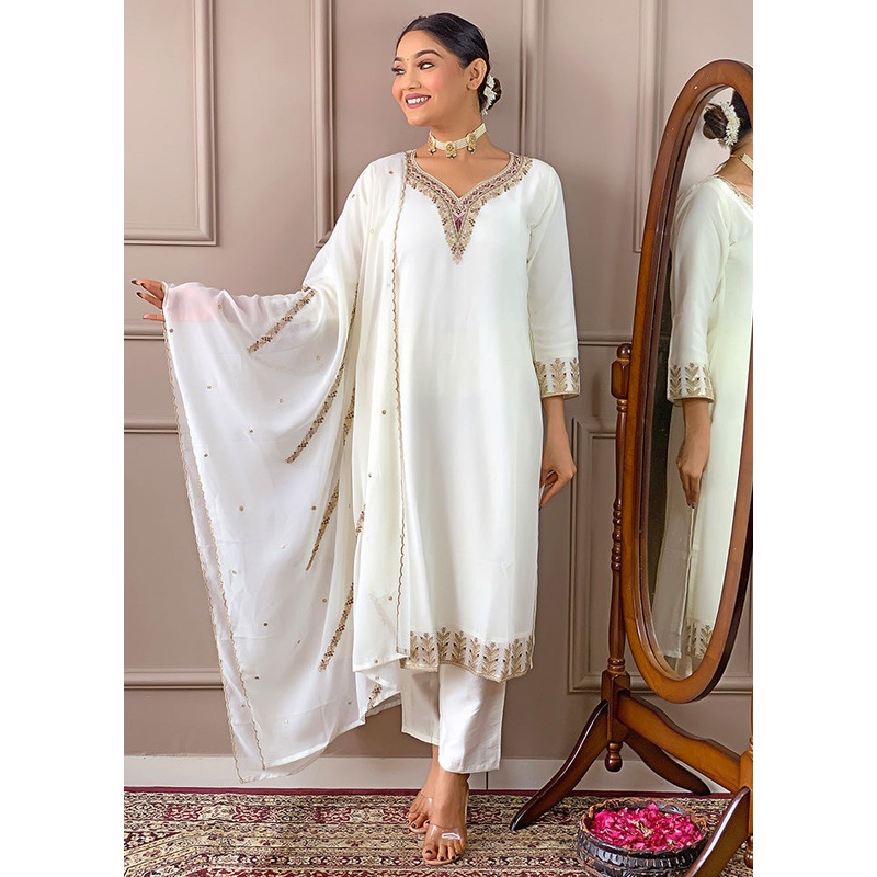 3 Pc White Readymade Georgette Suit Set - JD986603656