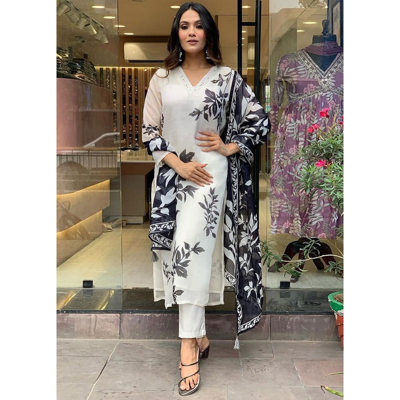 3 Pc White Readymade Rayon Suit Set - JD986603655
