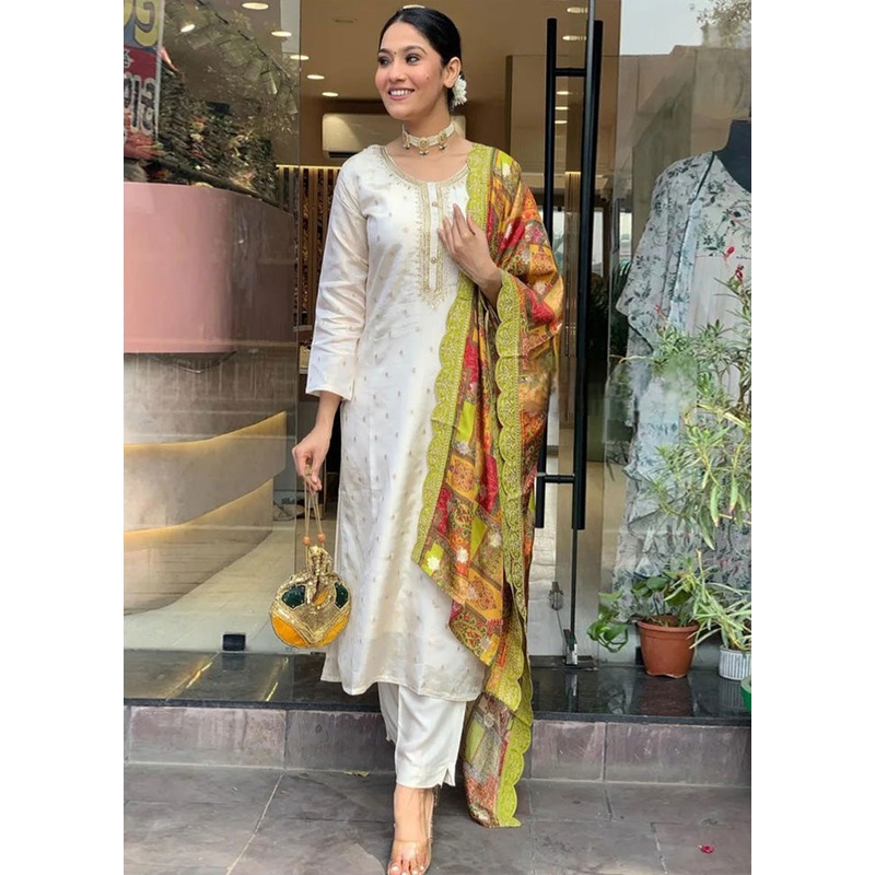 3 Pc White Readymade Silk Suit Set - JD986603653
