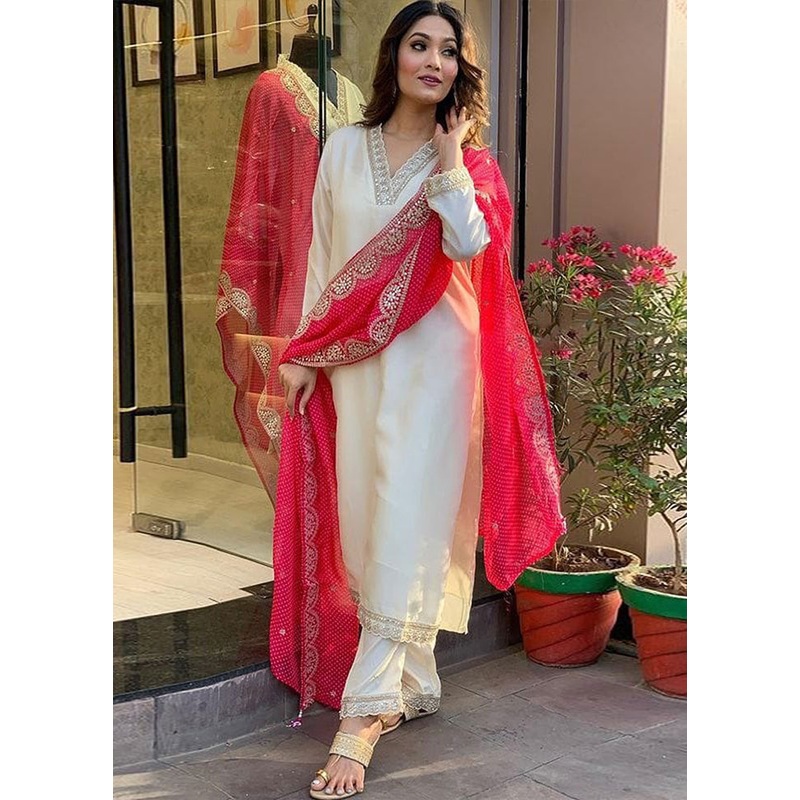 3 Pc White Readymade Silk Suit Set - JD986603654