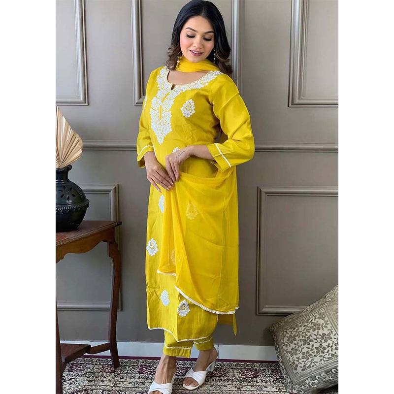 3 Pc Yellow Readymade Viscose Suit Set - JD986603645