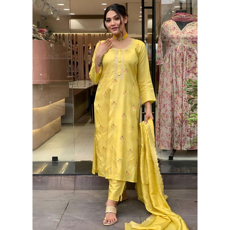 3 Pc Yellow Readymade Viscose Suit Set - JD986603646