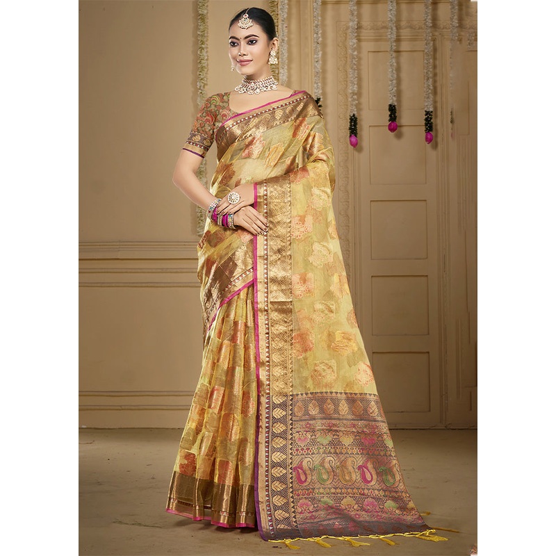 Beige Organza Saree With Blouse Piece - JD986603606