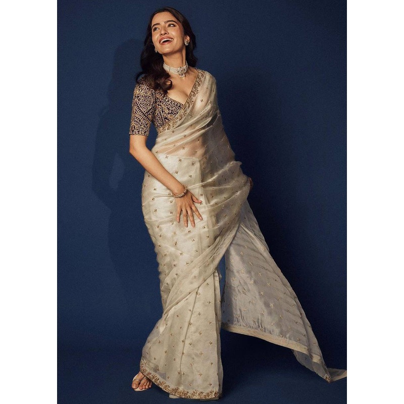 Beige Organza Saree With Blouse Piece - JD986603644