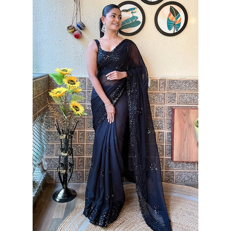 Black Georgette Saree With Blouse Piece - JD986603546