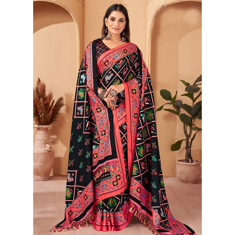 Black Pasmina Silk Saree With Shawl And Blouse Piece - JD986603545