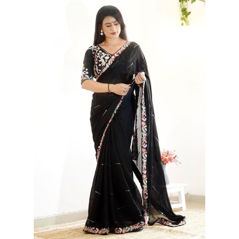 Black Spun Silk Saree With Blouse Piece - JD986603643