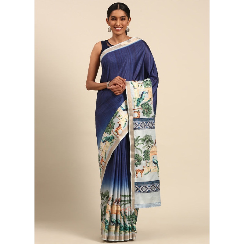 Blue Cotton Saree With Blouse Piece - JD986603604