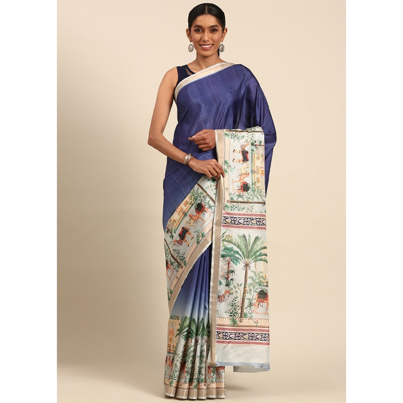Blue Cotton Saree With Blouse Piece - JD986603605