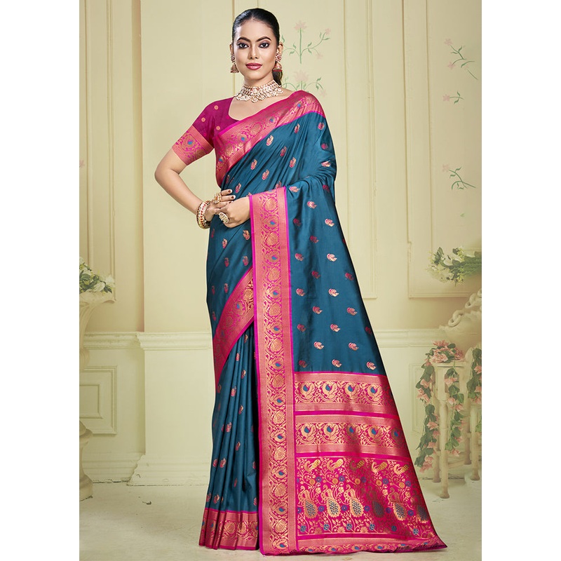 Blue Dupion Silk Saree With Blouse Piece - JD986603602
