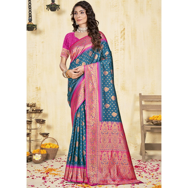 Blue Dupion Silk Saree With Blouse Piece - JD986603603