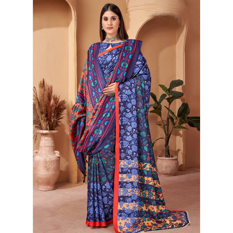 Blue Pasmina Silk Saree With Shawl And Blouse Piece - JD986603541