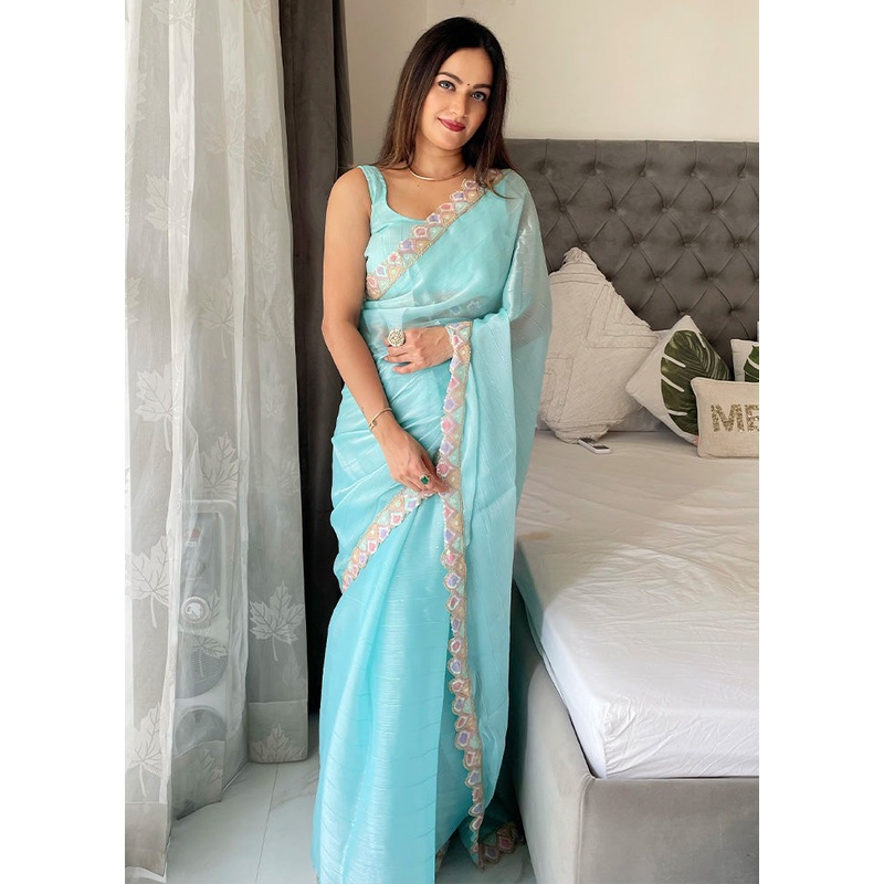 Blue Spun Silk Saree With Blouse Piece - JD986603639