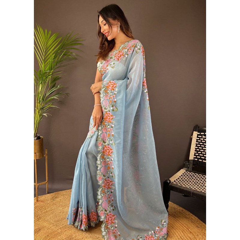 Blue Spun Silk Saree With Blouse Piece - JD986603640