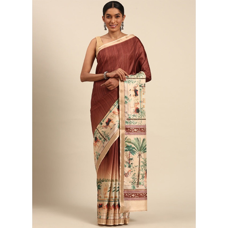 Brown Cotton Saree With Blouse Piece - JD986603600