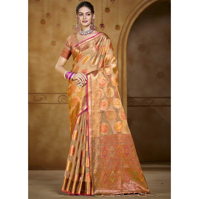 Brown Organza Saree With Blouse Piece - JD986603598