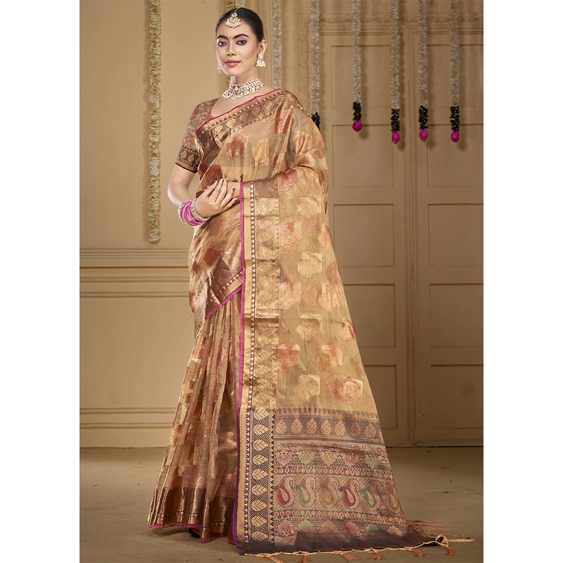 Brown Organza Saree With Blouse Piece - JD986603599