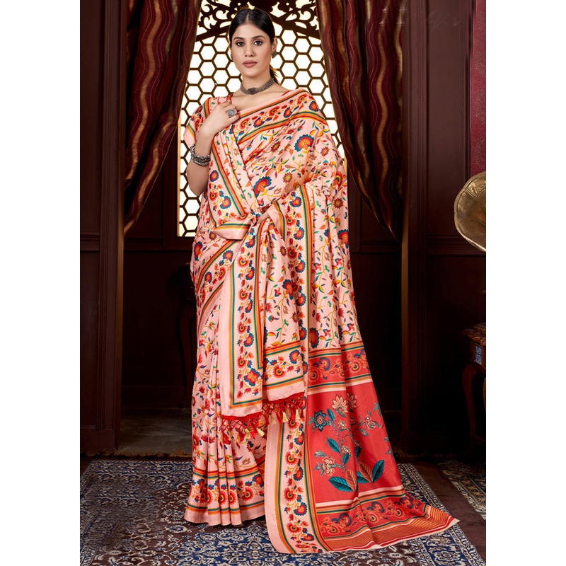 Cream Pasmina Silk Saree With Shawl And Blouse Piece - JD986603536
