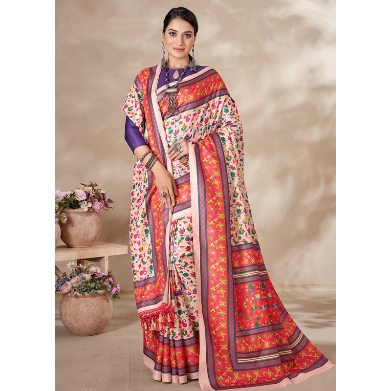 Cream Pasmina Silk Saree With Shawl And Blouse Piece - JD986603537