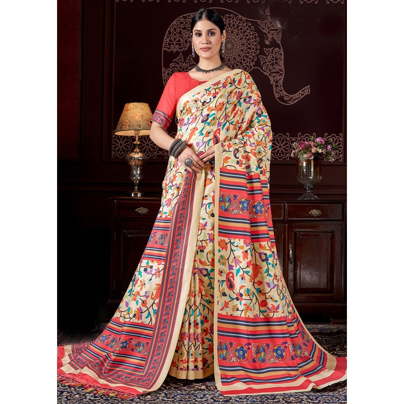 Cream Pasmina Silk Saree With Shawl And Blouse Piece - JD986603538