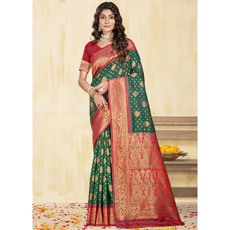 Dark Green Dupion Silk Saree With Blouse Piece - JD986603596