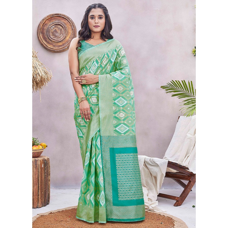 Green Banarasi Silk Saree With Blouse Piece - JD986603530