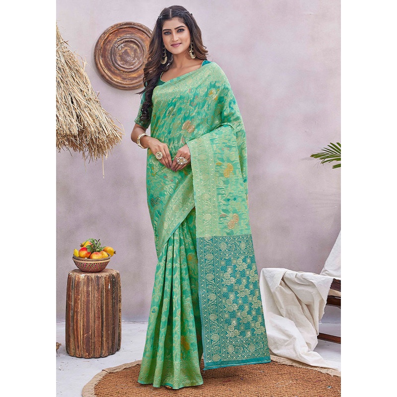 Green Banarasi Silk Saree With Blouse Piece - JD986603531