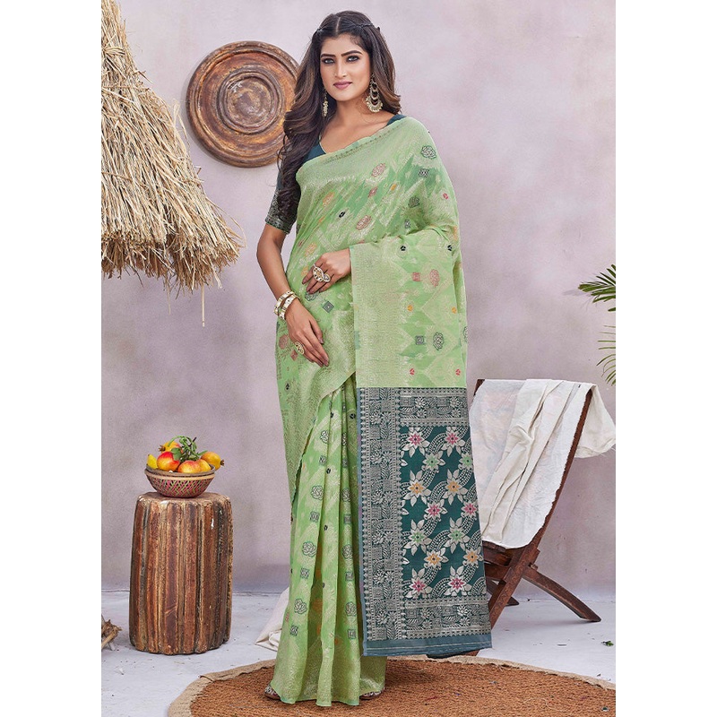 Green Banarasi Silk Saree With Blouse Piece - JD986603532