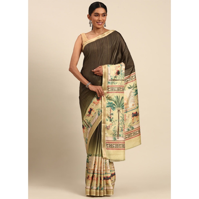 Green Cotton Saree With Blouse Piece - JD986603592