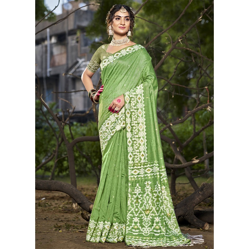 Green Cotton Saree With Blouse Piece - JD986603593