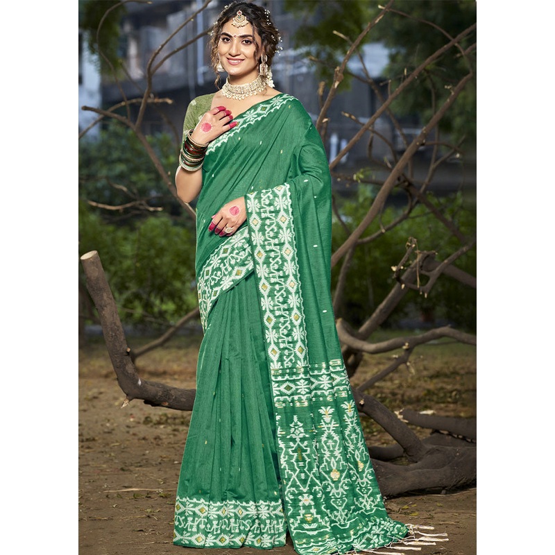 Green Cotton Saree With Blouse Piece - JD986603594