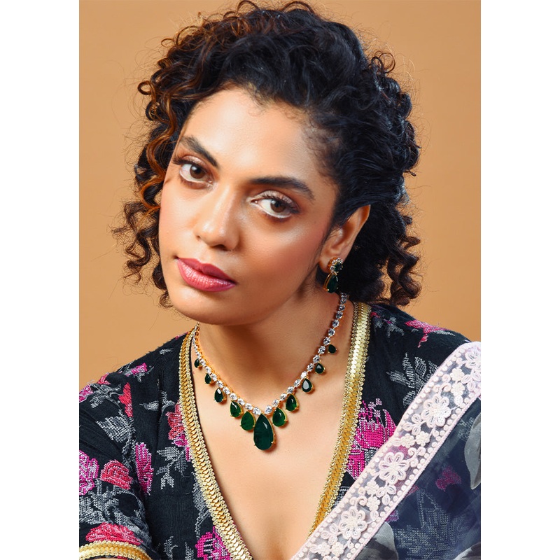 Green Diamond Necklace With Small Earrings - JD986603548