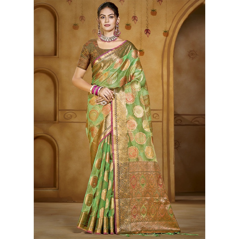 Green Organza Saree With Blouse Piece - JD986603591