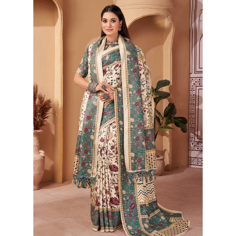 Green Pasmina Silk Saree With Shawl And Blouse Piece - JD986603527