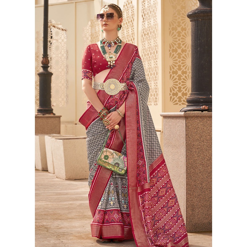 Grey Dupion Silk Saree With Blouse Piece - JD986603523