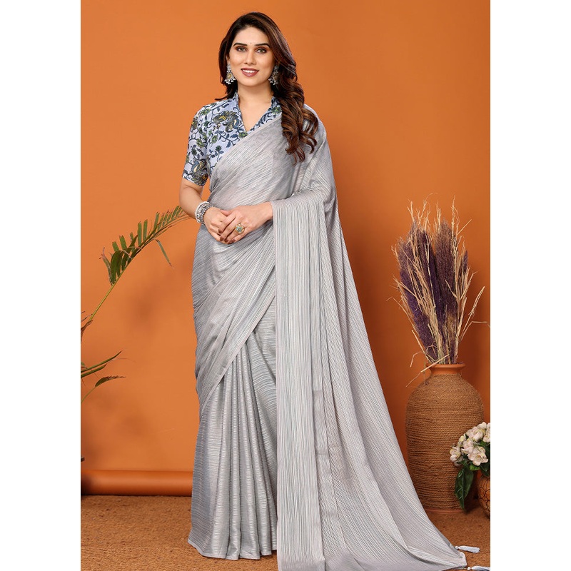 Grey Spun Silk Saree With Blouse Piece - JD986603637