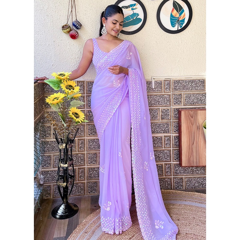 Lavender Georgette Saree With Blouse Piece - JD986603520