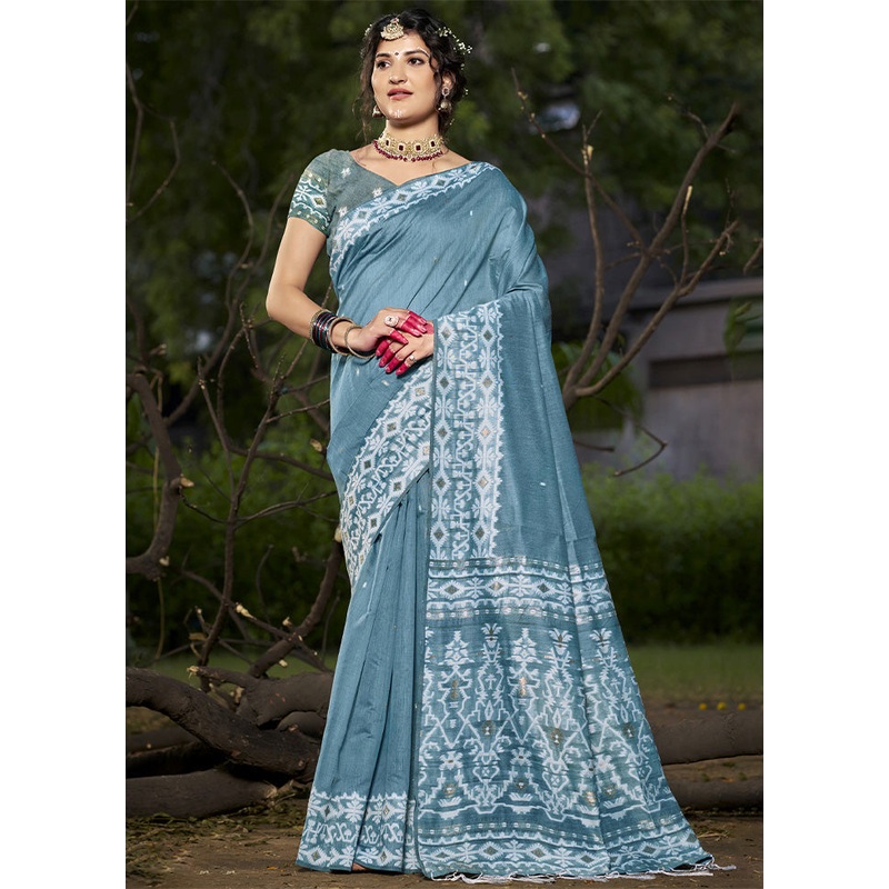 Light Blue Cotton Saree With Blouse Piece - JD986603589